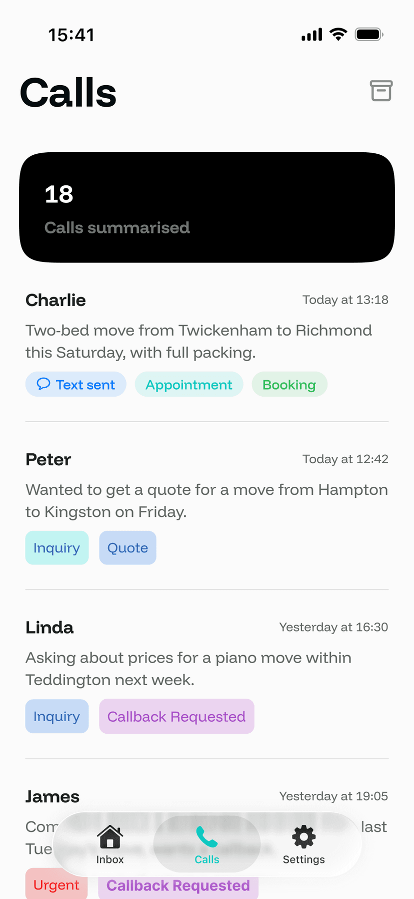 Telphi calls list summarising the jobs that came in