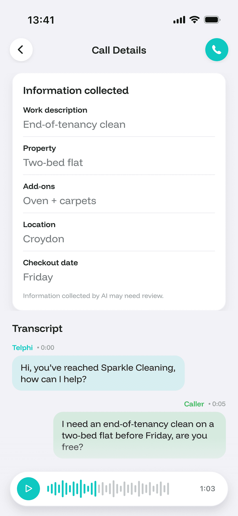 Telphi call details with full transcript and recording