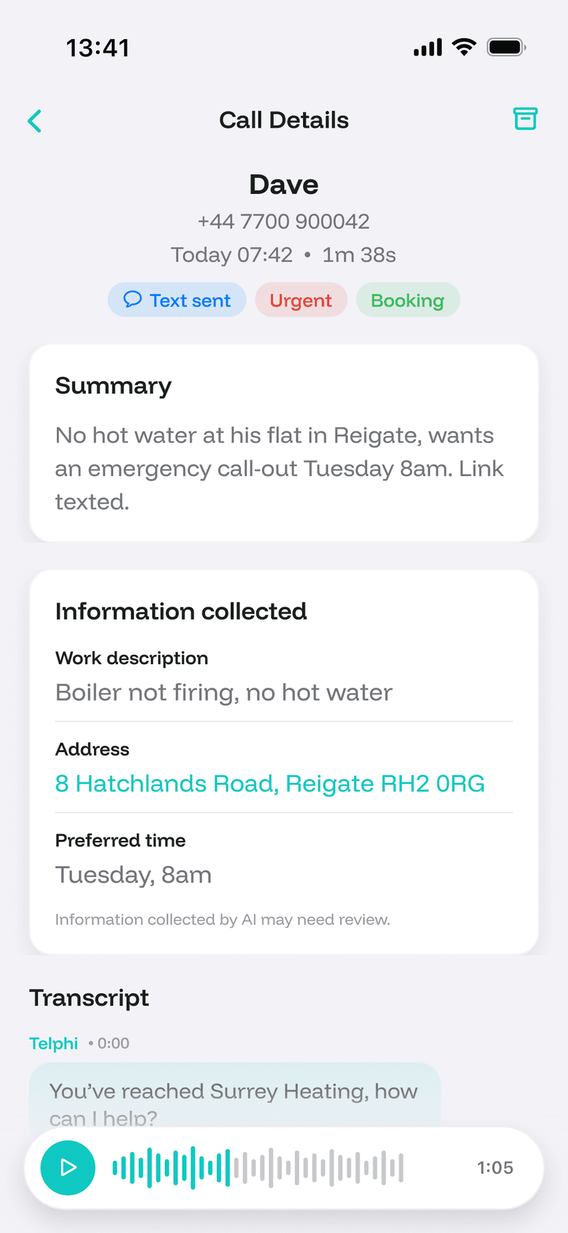 Telphi call summary with urgent and booking tags