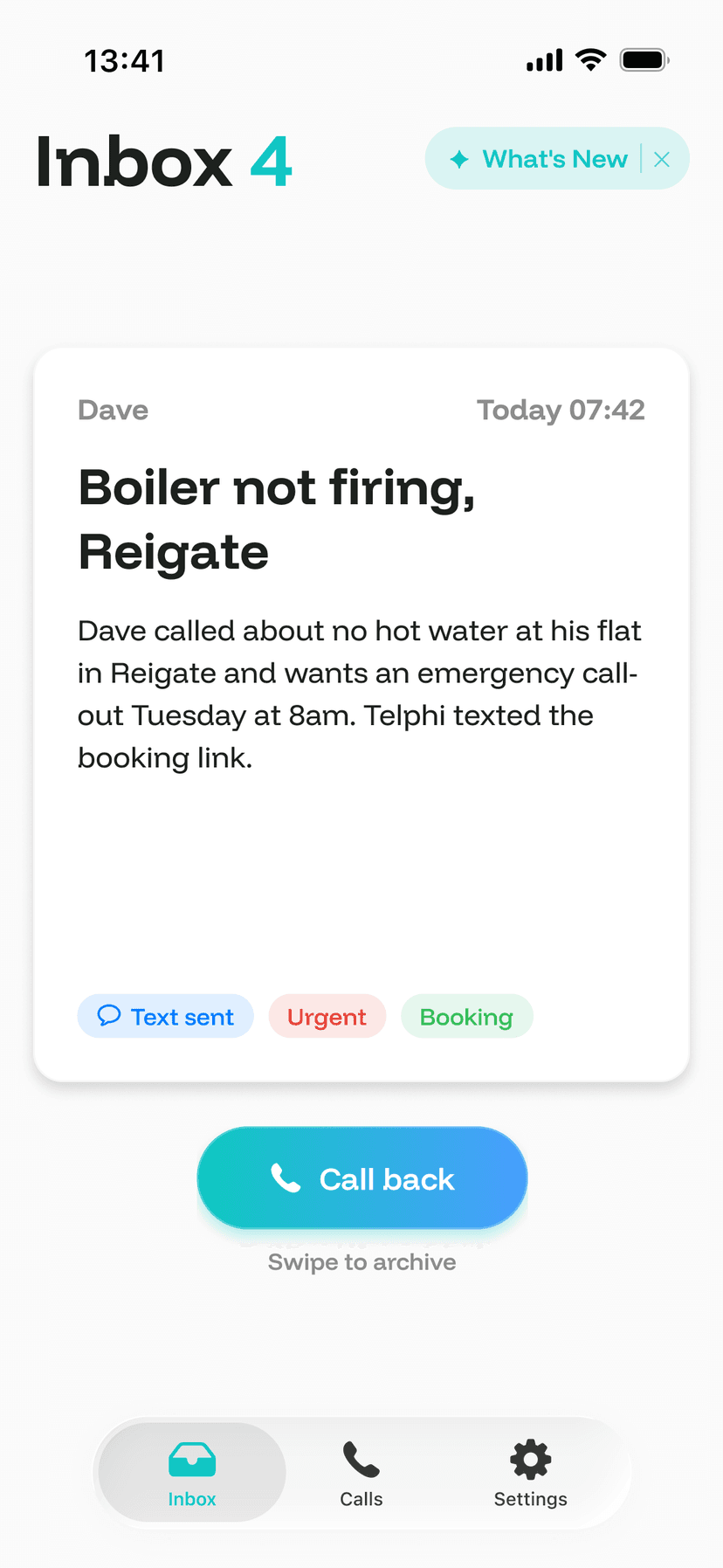Telphi inbox showing a captured call with a one-tap call-back