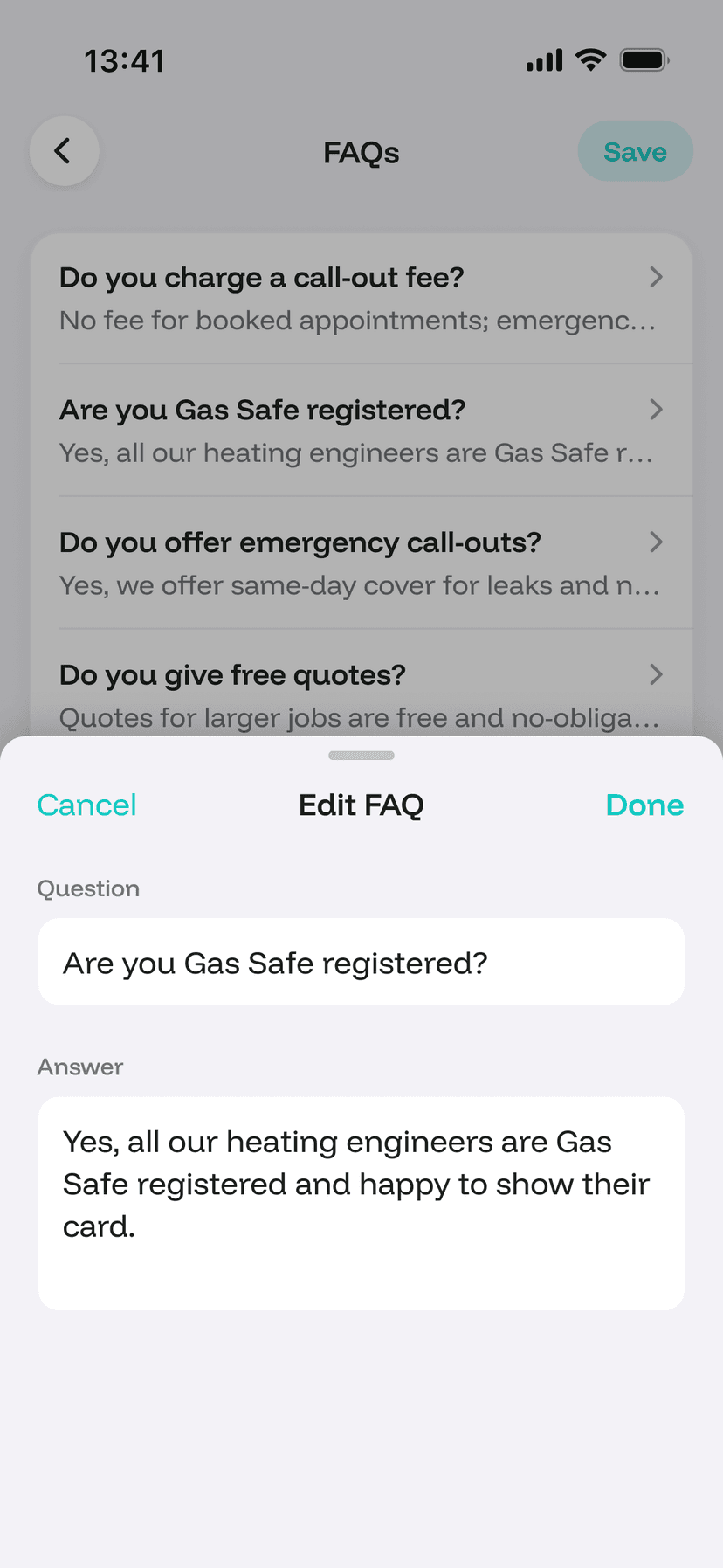 Telphi knowledge base setup with an editable FAQ